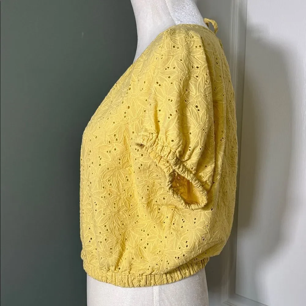 Madewell Yellow Eyelet Cropped Blouse Puff Sleeve Back Tie Small
